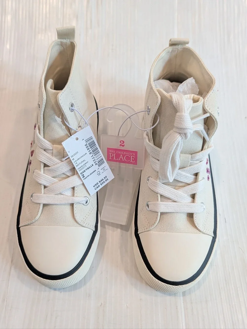 CHILDREN'S PLACE Kids High-Top Sneakers Cream with Pink Embroidered Flowers Sz 2